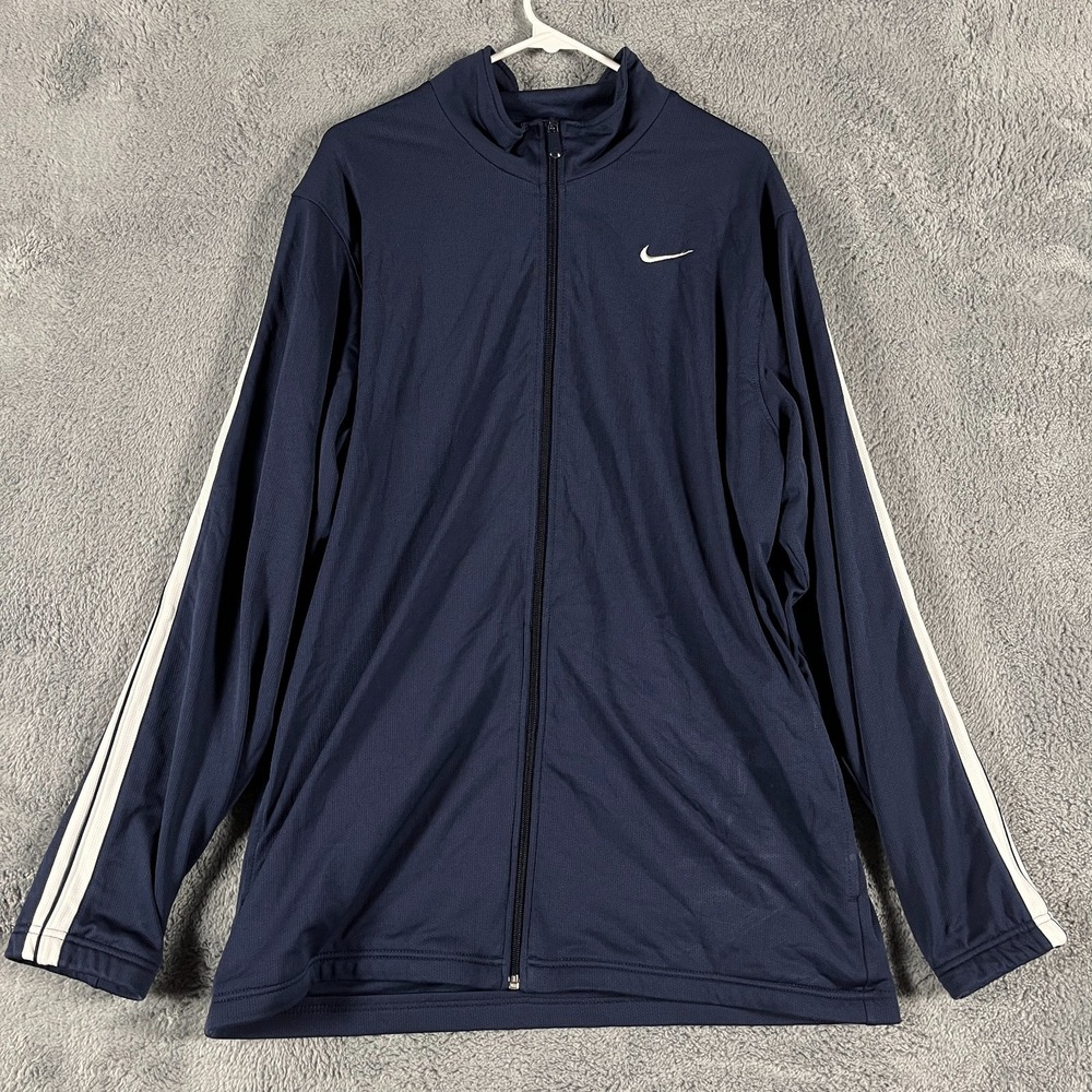 Nike Athletic Track Jacket Mens XL Blue White Striped Swoosh Logo Full Zipper